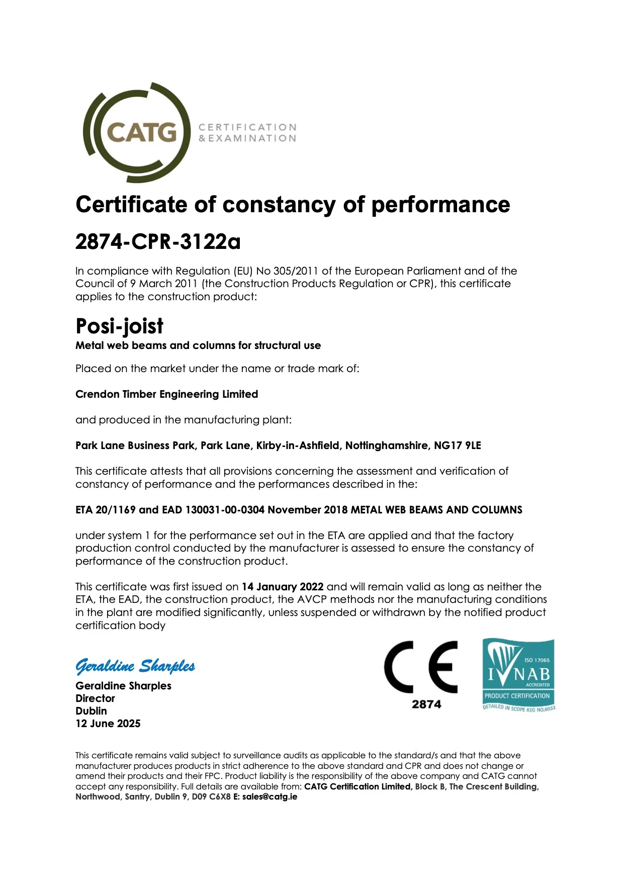 Certificate of constancy of performance