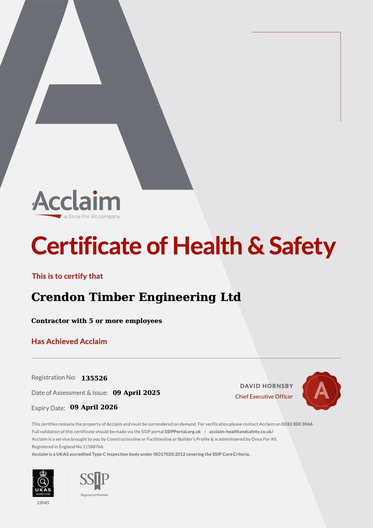 Acclaim Certificate of Health & Safety