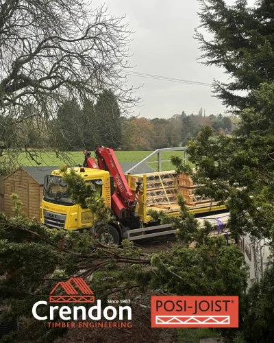 An eagle-eyed member of the public has spotted our newest Crendon HGV, The Logfather, breaking cover with a full load of Posi-Joist metal web joists being unloaded for a project in Worcester