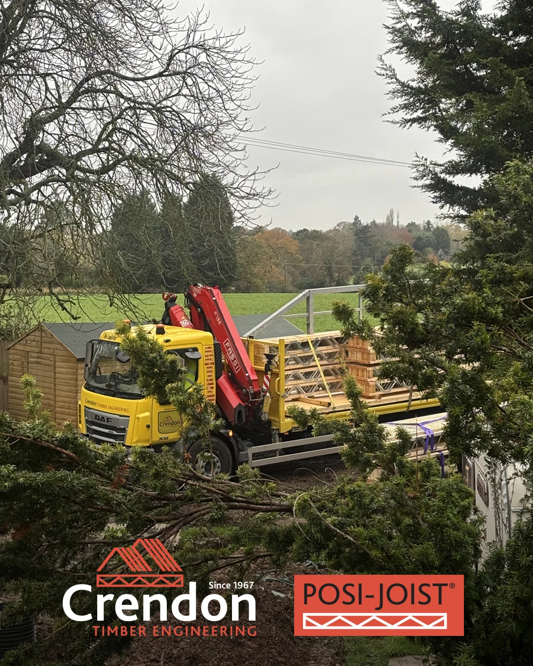 An eagle-eyed member of the public has spotted our newest Crendon HGV, The Logfather, breaking cover with a full load of Posi-Joist metal web joists being unloaded for a project in Worcester